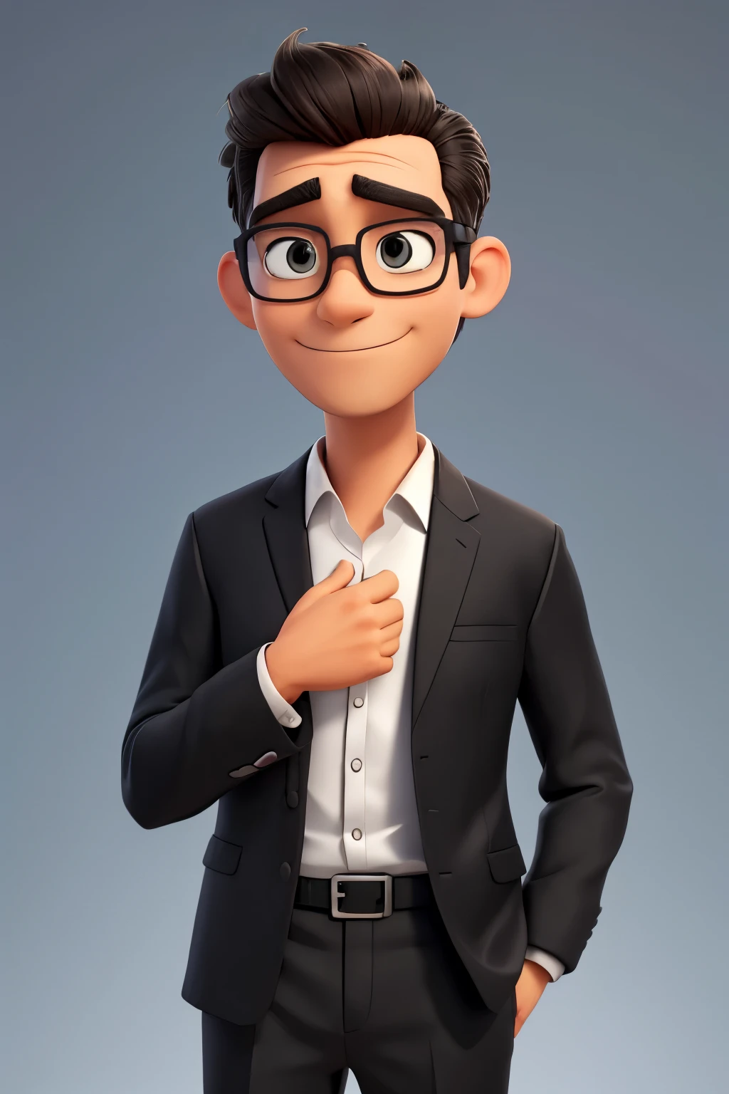 Create a friendly-looking human cartoon character, wearing a black dress shirt and black pants. Ele deve ter um estilo moderno e profissional, with a doubtful expression thinking about something with his hand below his chin. Adicione detalhes coloridos que representem a marca (if applicable). The character may wear glasses and have an accessory such as a laptop or phone, 