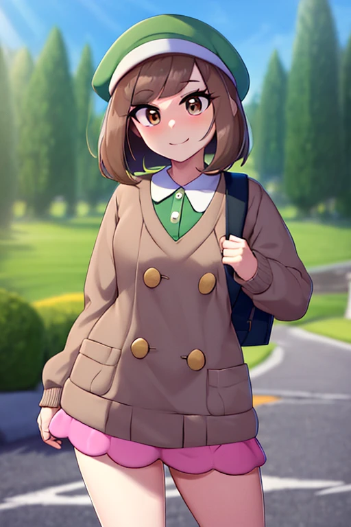 ((masterpiece,best quality)), absurdres,  gloria \(pokemon\), brown hair, solo, backpack, brown eyes, tam o' shanter, grey cardigan, pink dress, short hair, green socks, socks, brown bag, bob cut, bangs, long sleeves, collared dress,  solo, smiling, looking at viewer, cowboy shot,  cinematic composition, contrapposto,