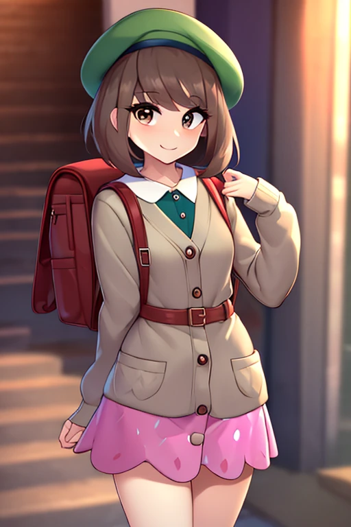 ((masterpiece,best quality)), absurdres,  gloria \(pokemon\), brown hair, solo, backpack, brown eyes, tam o' shanter, grey cardigan, pink dress, short hair, green socks, socks, brown bag, bob cut, bangs, long sleeves, collared dress,  solo, smiling, looking at viewer, cowboy shot,  cinematic composition, contrapposto,