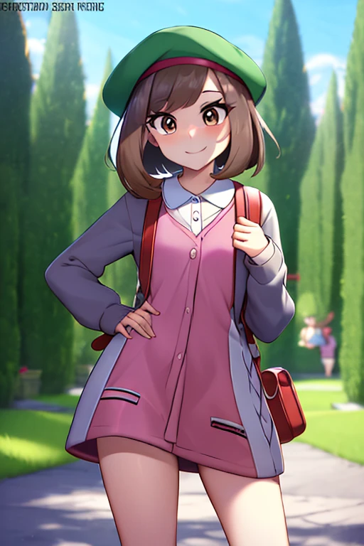 ((masterpiece,best quality)), absurdres,  gloria \(pokemon\), brown hair, solo, backpack, brown eyes, tam o' shanter, grey cardigan, pink dress, short hair, green socks, socks, brown bag, bob cut, bangs, long sleeves, collared dress,  solo, smiling, looking at viewer, cowboy shot,  cinematic composition, contrapposto,