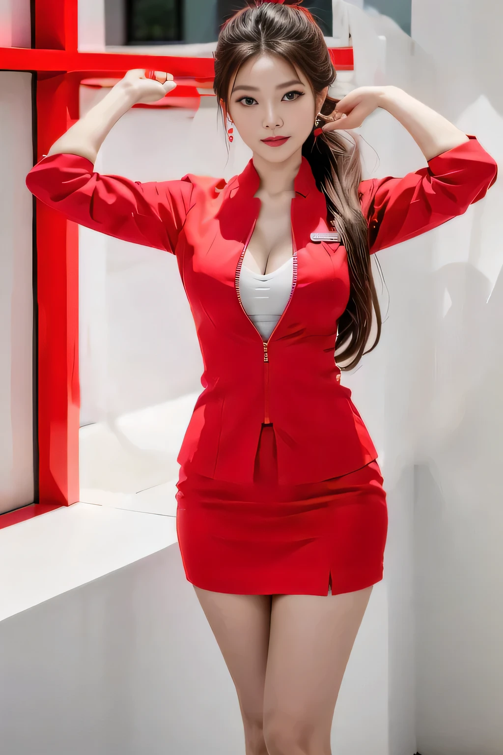 AirAsia red jacket uniform、Long hair down to the legs、Dark brown hair、Hair tied up、Tie your hair back in a ponytail、ponytail、Red rubber band、Luxury earrings、Captivating look、Blue Eyes、22 year old Asian female、