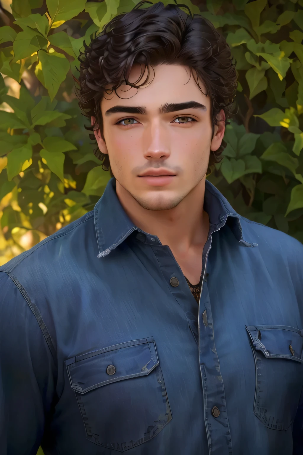 homem arafiado com uma camisa jeans em frente a um arbusto, Kyle frio, riccardo scamarcio, alex , close up of the head portrait, Paulo Atreides, foto de perfil com headshot, head shot acting, Mateus Benedito, headshot portrait, Tom Burke •, headshot, close up of the head, Rob Janoff, Mateus Stewart, Josh Preto, Blair Armitage
