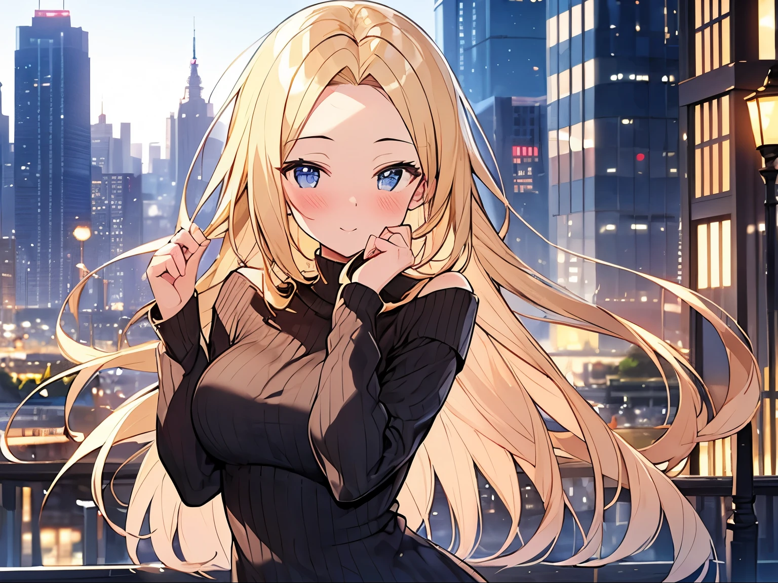 Masterpiece, Top quality, (1 beautiful girl:1.2), Blonde, forehead, medium hair, straight hair, 25 year old, standard weight, medium breasts, off shoulder sweater, (happy:1.2), blush, beautiful scene of city, blurry background, magnificent panorama view, dynamic pose