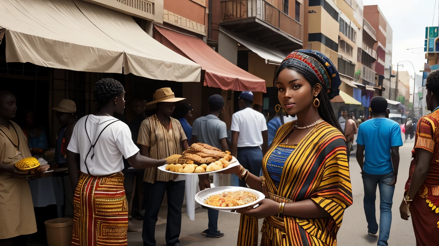 Dark skin ebony young woman in an african native attire cloths, clearly defined brown eyes, standing on the street selling food, men and woman cueing in front of her to buy her food