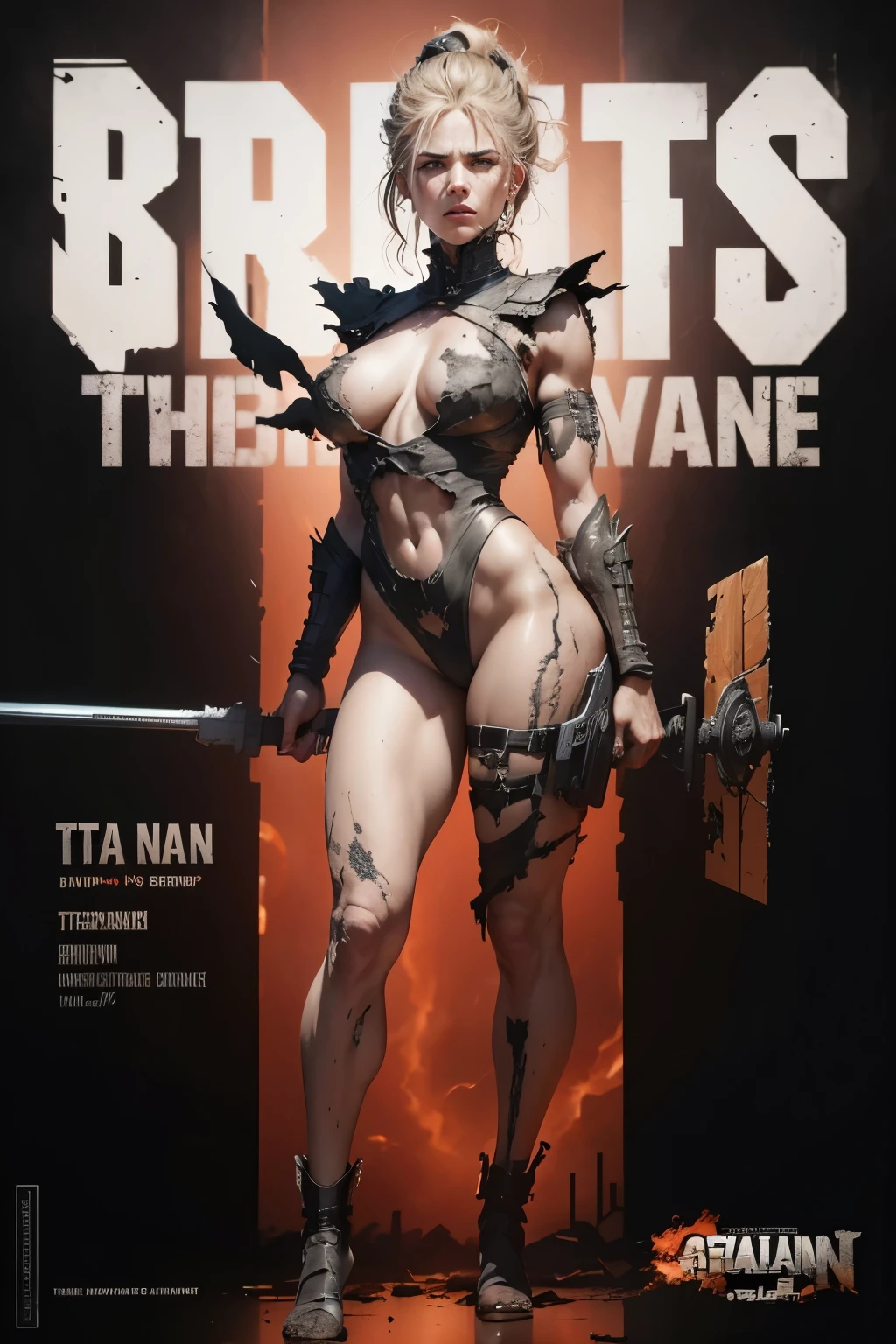 (best quality,4k,8k,highres,masterpiece:1.2),ultra-detailed,(realistic,photorealistic,photo-realistic:1.37),attack on titan art style,titan body,illustration texture,dramatic lighting,lifelike details,vivid colors,towering presence,massive proportions,giant humanoid figure,great power and strength,meticulously crafted muscles and veins,intricate titan facial features,dark and gritty atmosphere,ominous mood,ruined cityscape in the background,destroyed buildings and debris,shattered walls and remnants of humanity,collapsing structures,smoke and dust billowing,energetic and dynamic composition,movie poster vibes,breathtaking scale and impact,emphasize the terror and chaos,imposing and intimidating expression,engulfed in flames and destruction,desperation and survival,apocalyptic battlefield,emphasize the relentless and fierce nature of the titans,grand and epic narrative,overwhelming sense of danger and vulnerability,youthful and determined human characters,exquisite attention to detail in weaponry and gear,gritty and battle-worn costumes,extreme perspective angles,immersive and gripping storytelling.