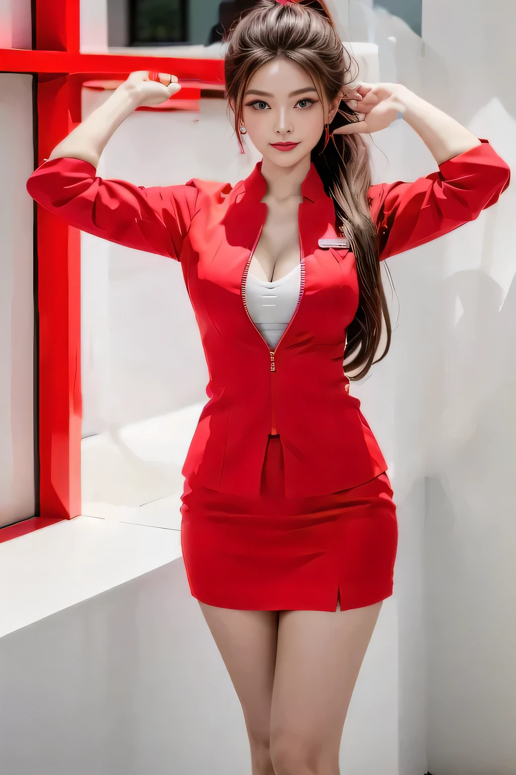 AirAsia red jacket uniform、Long hair down to the legs、Dark brown hair、Hair tied up、Tie your hair back in a ponytail、ponytail、Red rubber band、Luxury earrings、Captivating look、Blue Eyes、22 year old Asian female、