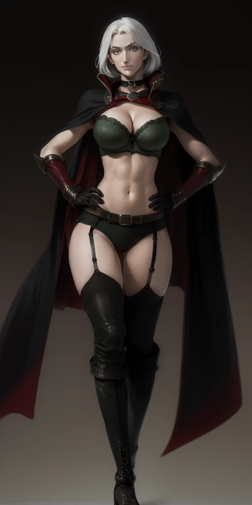 ((Plain background 1:2)) Female full body standing straight symmetrical looking to the viewer RED full body armored (handcuffs, shackles, rerebrace, faulds, poleyn, gauntlets, leather collar choker, gloves, gauntlets, high boots bootstraps, black stockings) 2 crossing big belt under belly button, navel, abs, garter straps belts attaching bra ((hands on hips)) view from below, wide hips - choppy bangs, arched crescent eyebrows, sharp and determined eyes, a delicate oval face, a serious expression, a fantasy-style dark green military coat, draped with a dark red cloak, leather combat boots, silver greaves leggings, this character embodies a finely crafted fantasy style female military officer in anime style, exquisite and mature manga art style, pale skin, big breast knockers cleavage