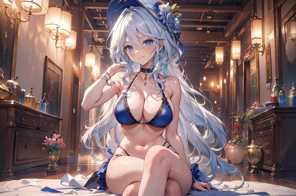 ((masterpiece, high resolution, better quality, better details)), (anime), a woman lying on a bed on the beach, ((toothy smile)), ((royal blue micro bikini with black details)), ((thong bikini)), cleavage, platform high heels, black neck choker, large straw hat, white hair with blue highlights, shiny skin, ((slender body)), front view, beach landscape, wide hips, slim waist, big breasts,