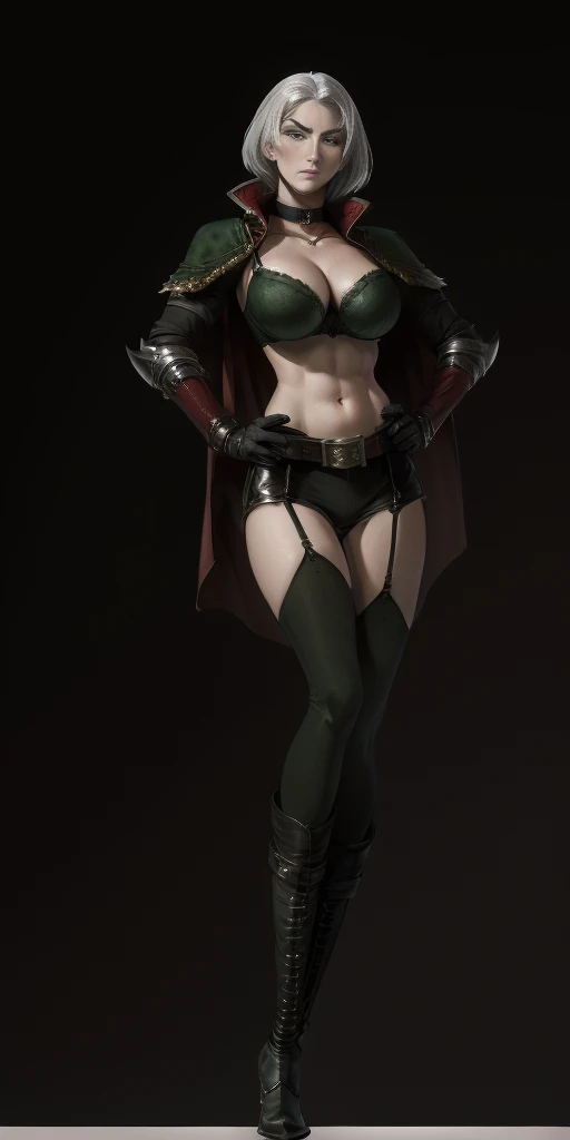 ((Plain background 1:2)) Female full body standing straight symmetrical looking to the viewer RED full body armored (handcuffs, shackles, rerebrace, faulds, poleyn, gauntlets, leather collar choker, gloves, gauntlets, high boots bootstraps, black stockings) 2 crossing big belt under belly button, navel, abs, garter straps belts attaching bra ((hands on hips)) view from below, wide hips - choppy bangs, arched crescent eyebrows, sharp and determined eyes, a delicate oval face, a serious expression, a fantasy-style dark green military coat, draped with a dark red cloak, leather combat boots, silver greaves leggings, this character embodies a finely crafted fantasy style female military officer in anime style, exquisite and mature manga art style, pale skin, big breast knockers cleavage