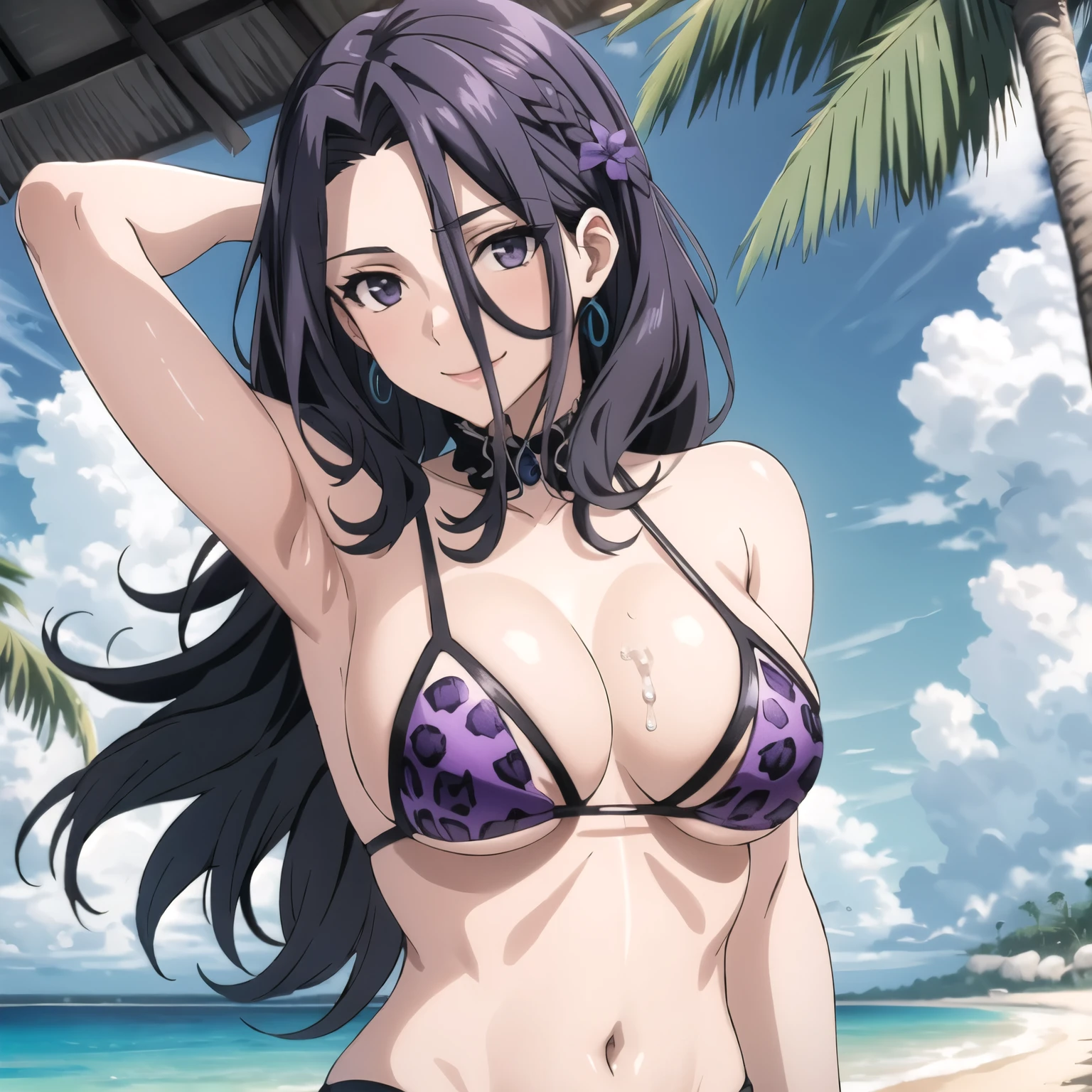 Malty S Melromarc, cabello azul ondulado. ojos violetas , pechos grandes , purple jaguar bikini, accesorios, sonrisa feliz, rubor. gotas de agua en su pecho, hands behind head facing camera, fondo una playa tropical. una sola mujer.