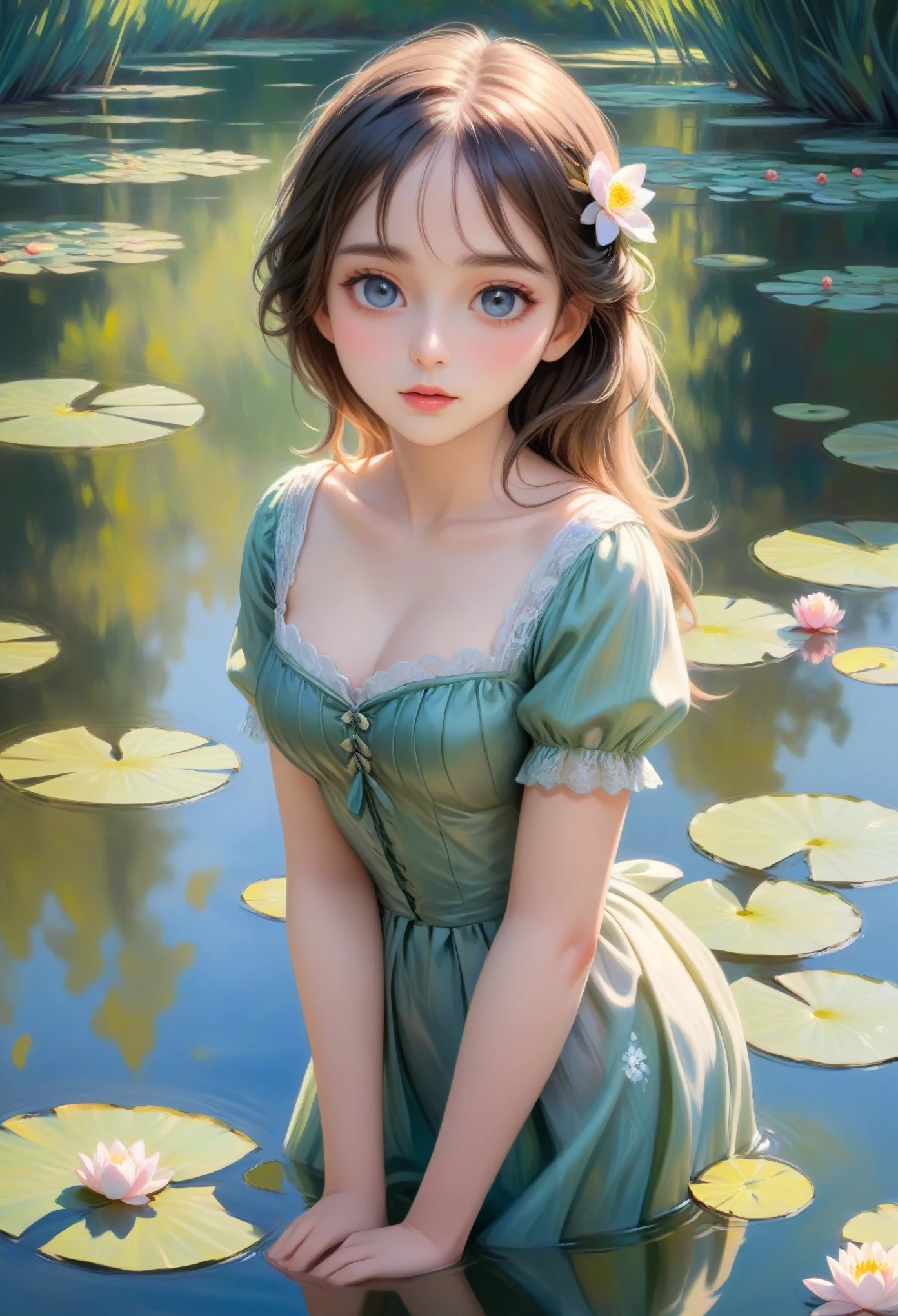 (best quality,4k,8k,highres,masterpiece:1.2),ultra-detailed,(realistic,photorealistic,photo-realistic:1.37),beautiful detailed eyes,beautiful detailed lips,extremely detailed eyes and face,longeyelashes,dreamy atmosphere,impressionistic style,soft sunlight, vibrant colors,blurred background,authentic brushstrokes,Claude Monet,inspired pose,flowing dress,graceful posture,subtle expression,natural surroundings,flower garden,water lilies,reflection on water,calm and serene,morning light,fresh air,lush greenery,peaceful ambiance,stunning impressionist masterpiece,bright and pastel tones,harmonious composition,artistically captured beauty,classic and timeless,ethereal and enchanting,painting come to life.