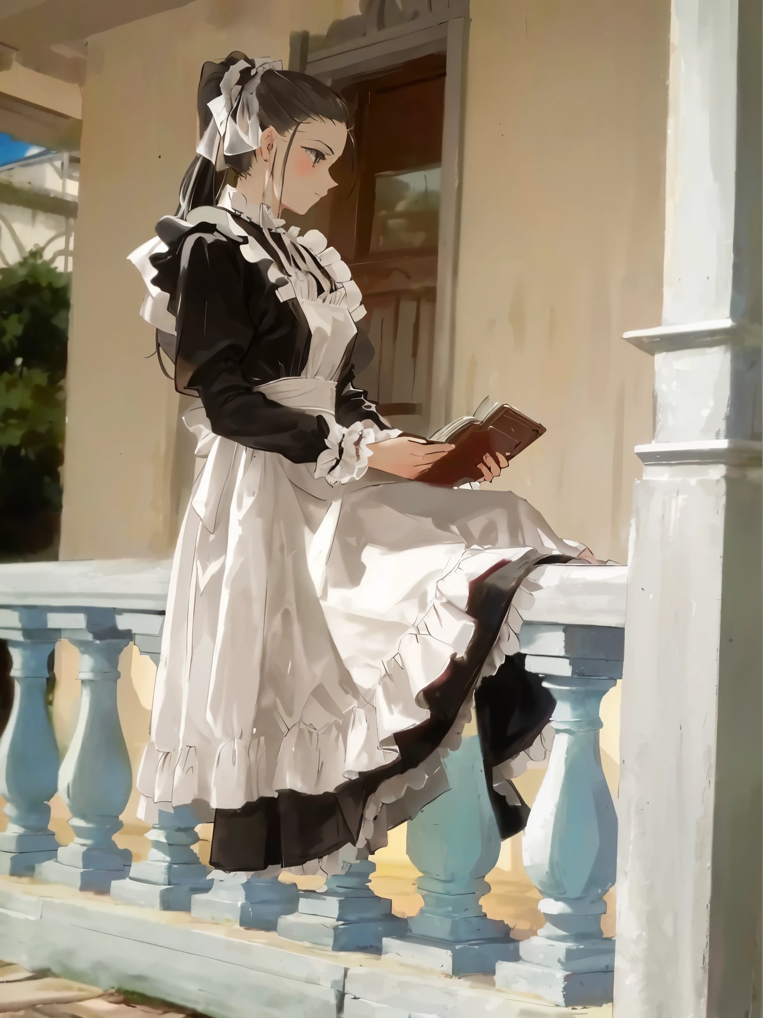 (ponytail forehead hair pulled back:1.3), woman in maid outfit reading a book on a porch, victorian style costume, maid dress, wearing 10s era clothes, wearing victorian clothes, victorian dress, long dress with apron, victorian inspired clothing, maid outfit, wearing 1 8 5 0 s era clothes, wearing 1850s era clothes, wearing maid uniform