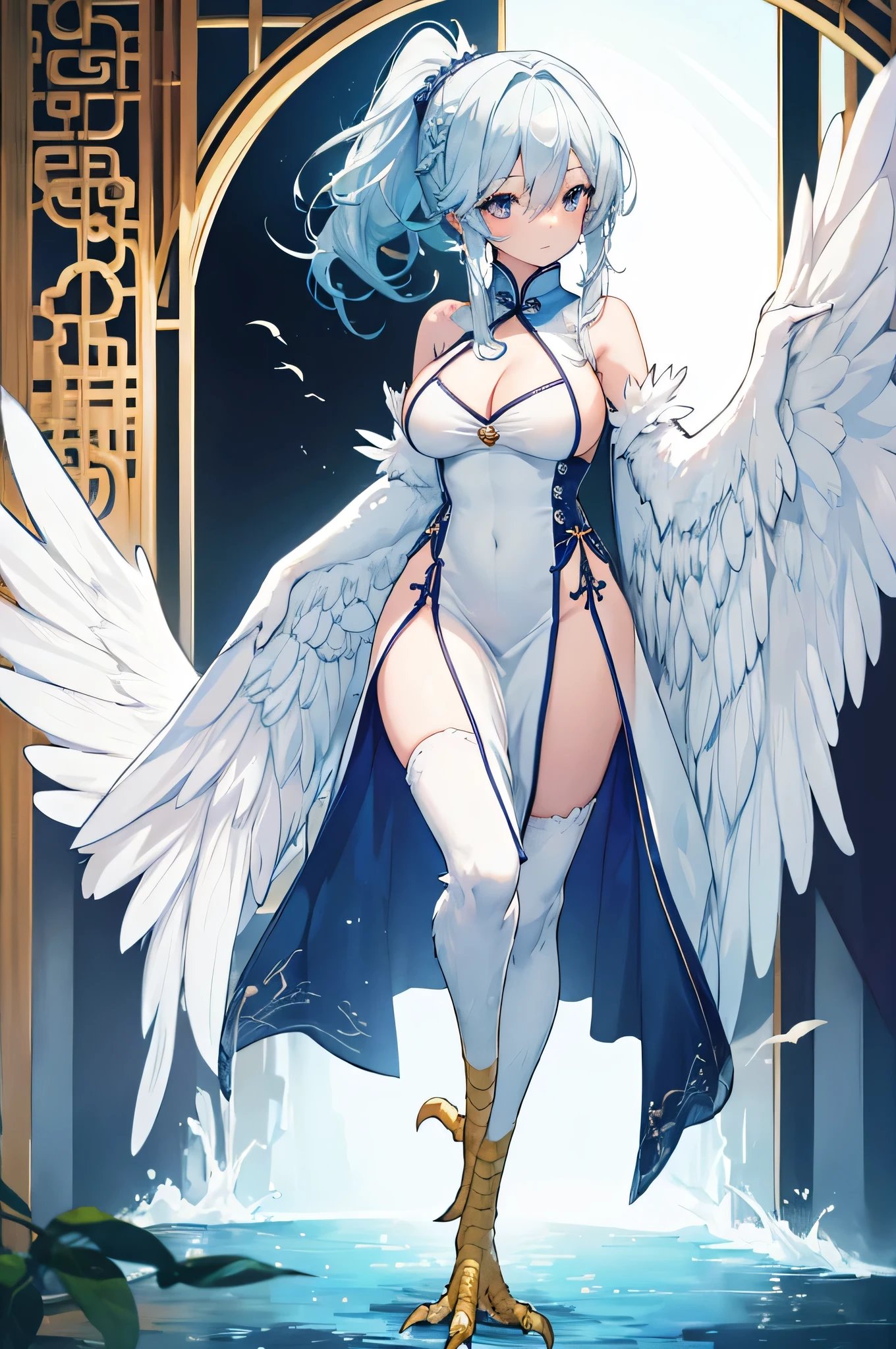 4k,High resolution,One Woman,harpy,White blue hair,Long Ponytail,Braid,Big Breasts,White Wings,Golden toenails,China dress,Medieval village