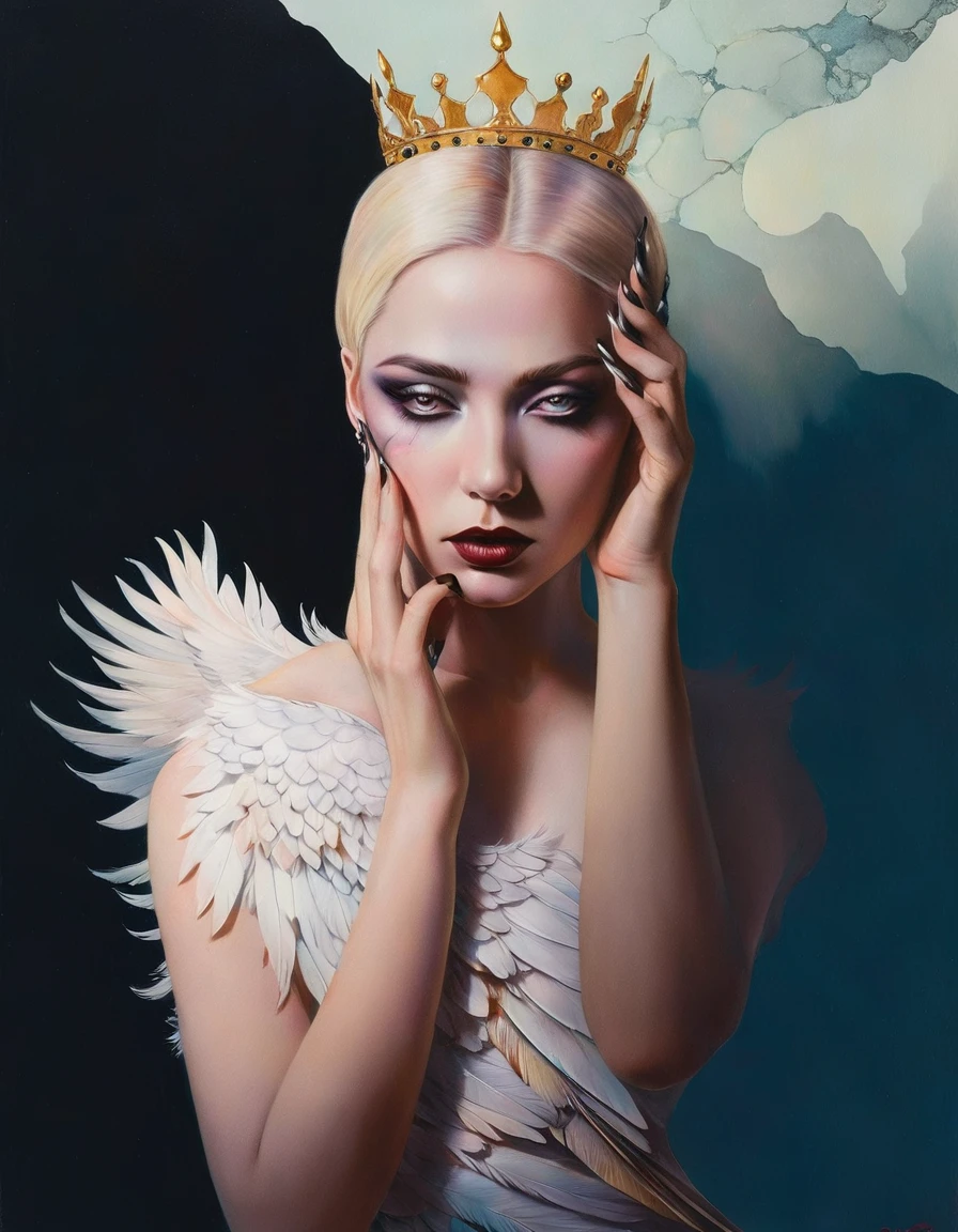 tarot card, chiaroscuro technique on sensual illustration of an queen of sword, Piercing Gaze, vintage queen, eerie, matte painting, by Hannah Dale, by Harumi Hironaka, extremely soft colors, hint of silver, highly detailed, digital artwork, high contrast, dramatic, refined, tonal, highest quality,anatomy correct,ultra-wide-angle,depth of fields, representing her ability to adapt in challenging situations, a small eagle, Focus on a color palette