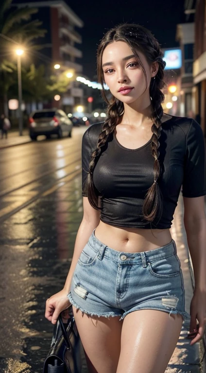 Uma mulher peituda de 16 anos, cabelos longos, raining with your body all wet and the rain falling on your shorts Walking through the city streets with beautiful shoes and hair braided in a complex, elegant style is portrayed in a stunning scene. Your braided hair displays a variety of patterns and textures, demonstrating skill and art in creating the hairstyle. The woman is portrayed with a confident posture, sorridente e orgulhosa, destacando sua beleza e autenticidade. Your facial features are distinct and expressive, reflecting your individuality and inner strength. The scene is softly lit, highlighting the details of the braided hair and the beauty of the woman. Your presence is captivating, conveying a sense of grace and determination. This depiction of a black woman with braided hair is a celebration of black culture and beauty., capturing the elegance and pride of a traditionally significant hairstyle. ela toda molhada