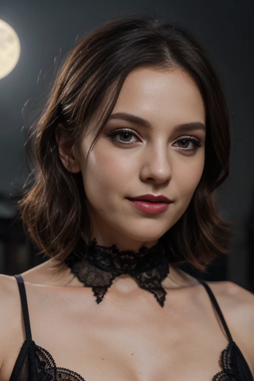 25 ans, brune, yeux marrons, delicate, professional light, flash lit, poudre de contour, sexy, French touch, cheveux de longueur moyenne, grains de beauté, sourire romantique, Seductive look, pose coquine, bonne couverture, de nuit, éclairée par les flashs des photographes, skin details, pores de la peau, Appareil photo numérique Kodak Smile 10MP, tendance on Behance, colorful clothes, ornement de cheveux, hairclip, cheveux moyens, rougit, (des mains parfaites) , visage fin, cheveux long, mascara noir, maquillage noir, black lips, tenue gothique, vêtements noirs et violets, toile d'araignée en dentelle, cheveux noirs et violets, dans un manoir, bodypainting, purple paint, dracula, moon light