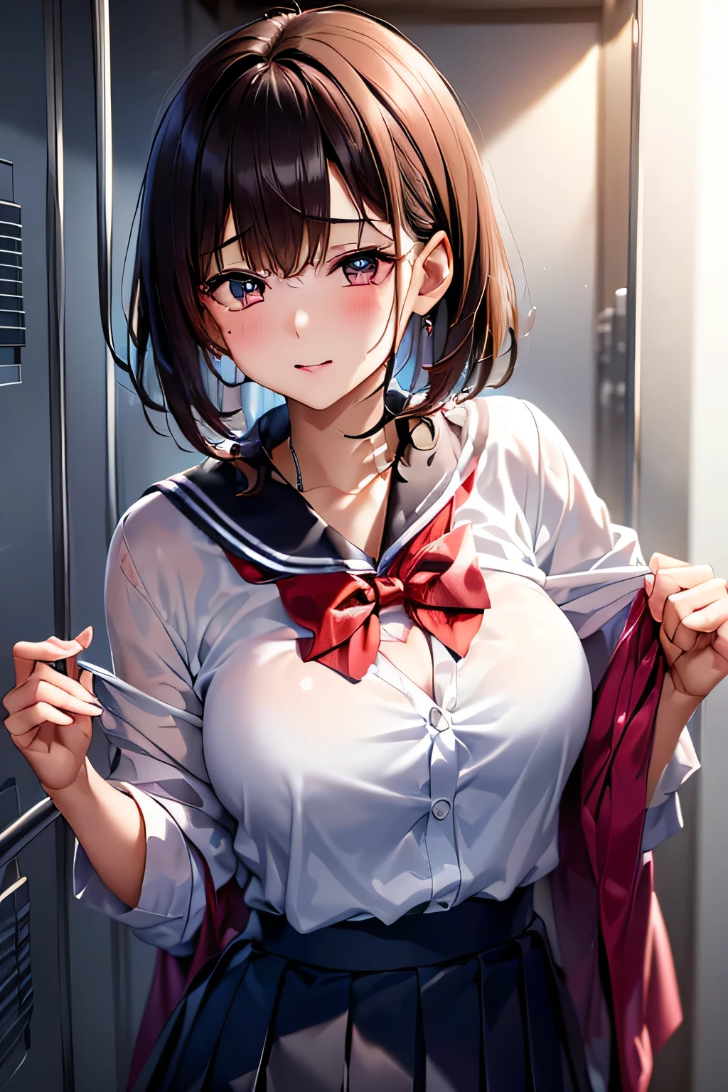 (((locker room))),(((Change clothes in the changing room:1.3))),(((clothes on hangers:1.3))),(((Sailor suit))),(((Pleated skirt that exposes skin))),(Dark red bow tie:1.3),Cute Face,Extreme close up of face,Silver short hair,Crying face,tears,Perfect round face,iris,Floating Hair,Big Breasts.Professional Lighting,Cinematic Light,(Tabletop,highest quality,Ultra-high resolution output images,) ,(8K quality,),(Picture Mode Ultra HD,)
