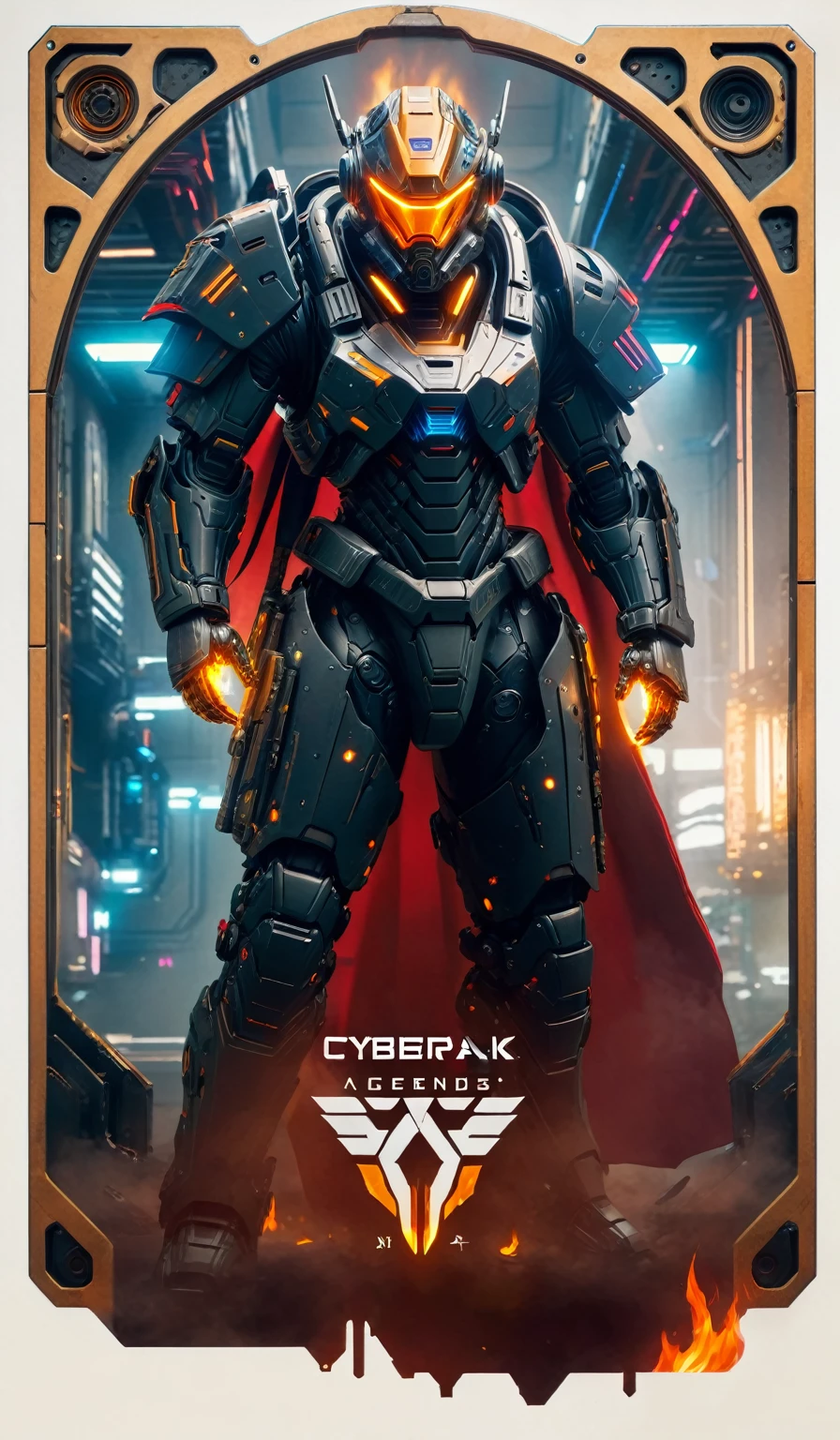 a close up of a robot in a building with a sunglasses  on, cyberpunk flame suit, cyberpunk armor, cyberpunk suit, sci - fi suit, intricate cyberpunk armor, cybernetic fire armor, apex legends armor, cyber suit, cybernetic flame armor, clothed in sci-fi military armor, warrior in sci-fi armour, sci - fi armor