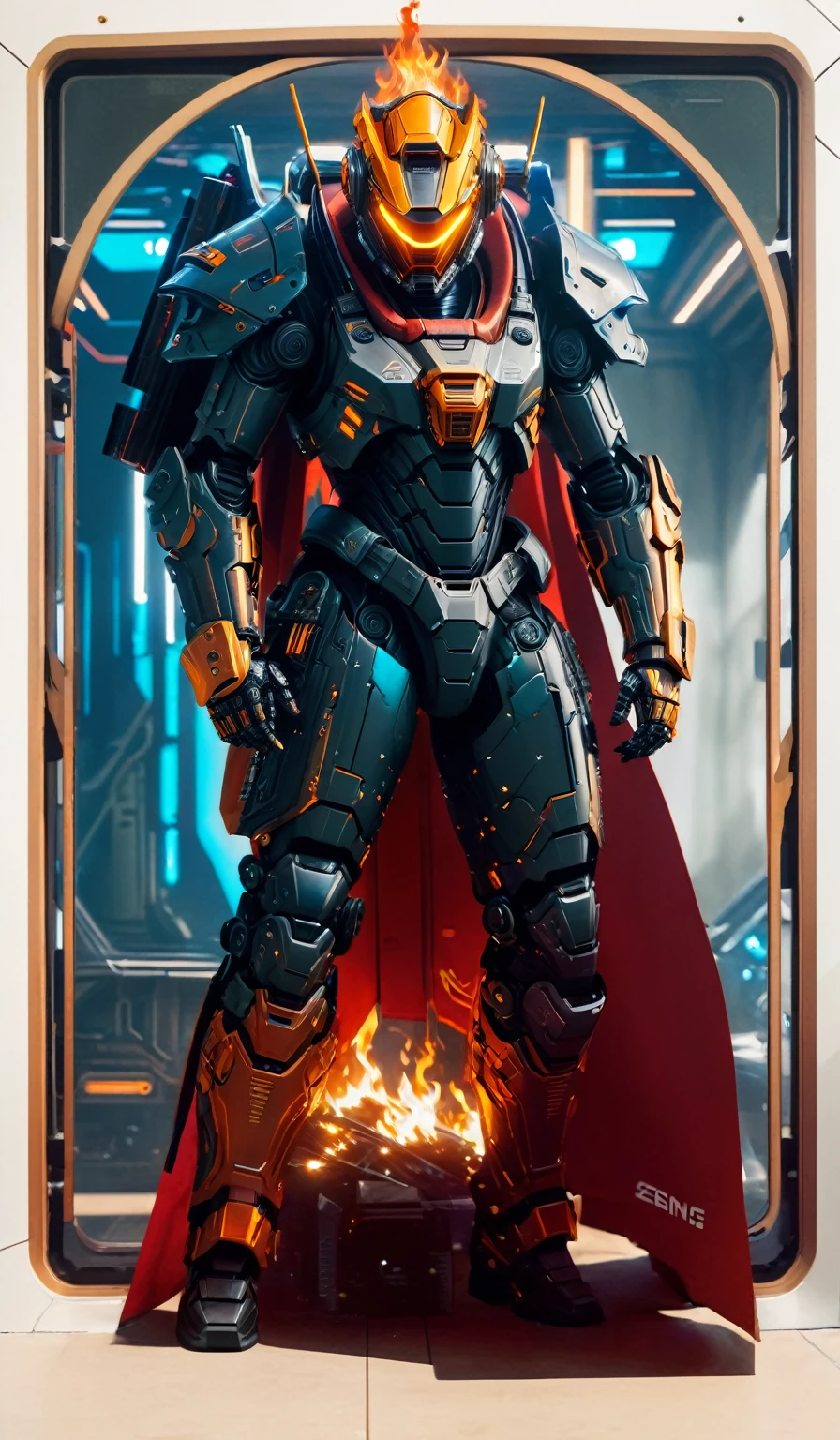 a close up of a robot in a building with a sunglasses on, cyberpunk flame suit, cyberpunk armor, cyberpunk suit, sci - fi suit, intricate cyberpunk armor, cybernetic fire armor, apex legends armor, cyber suit, cybernetic flame armor, clothed in sci-fi military armor, warrior in sci-fi armour, sci - fi armor