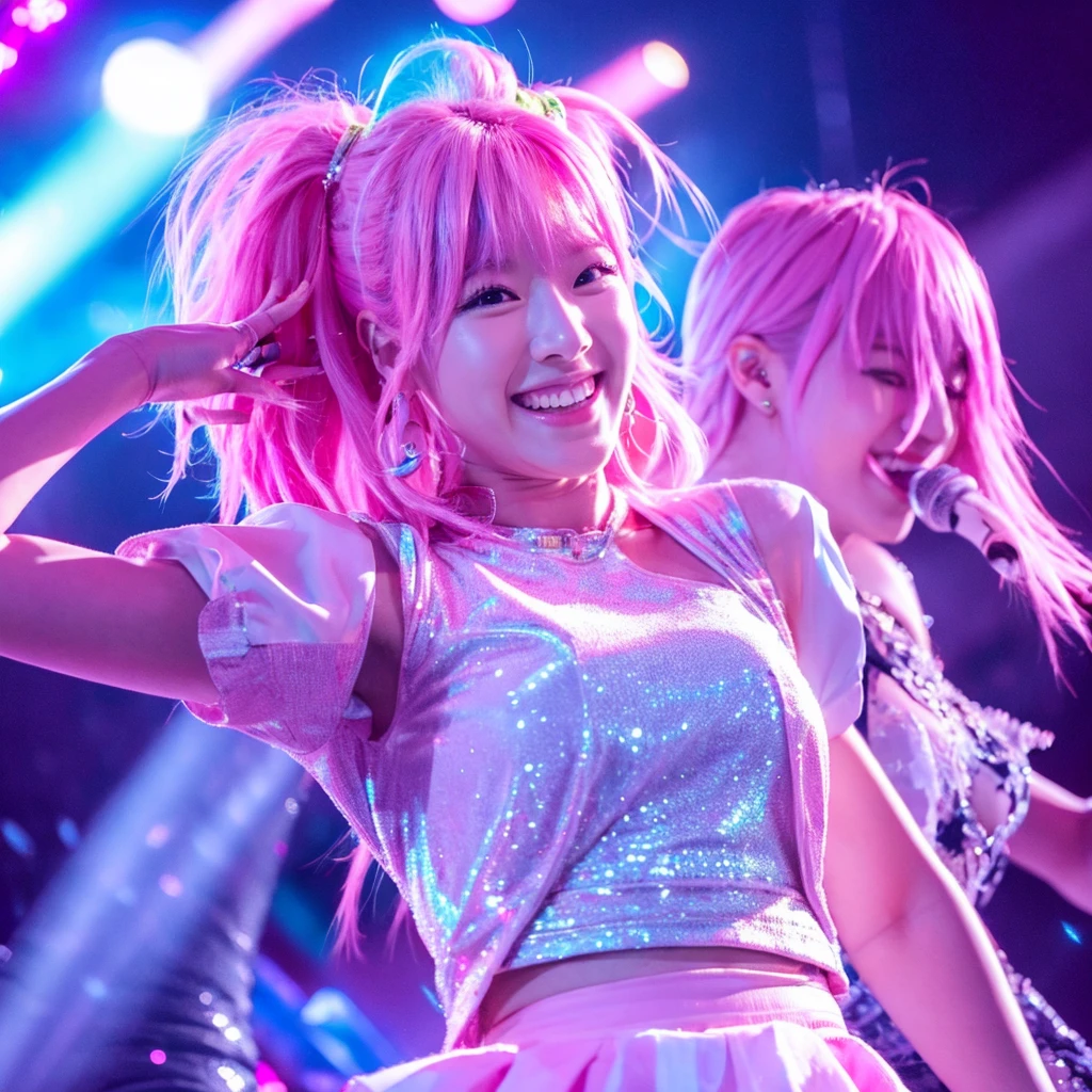 Kpop idol girl with pink hair smiling at her concert while dancing