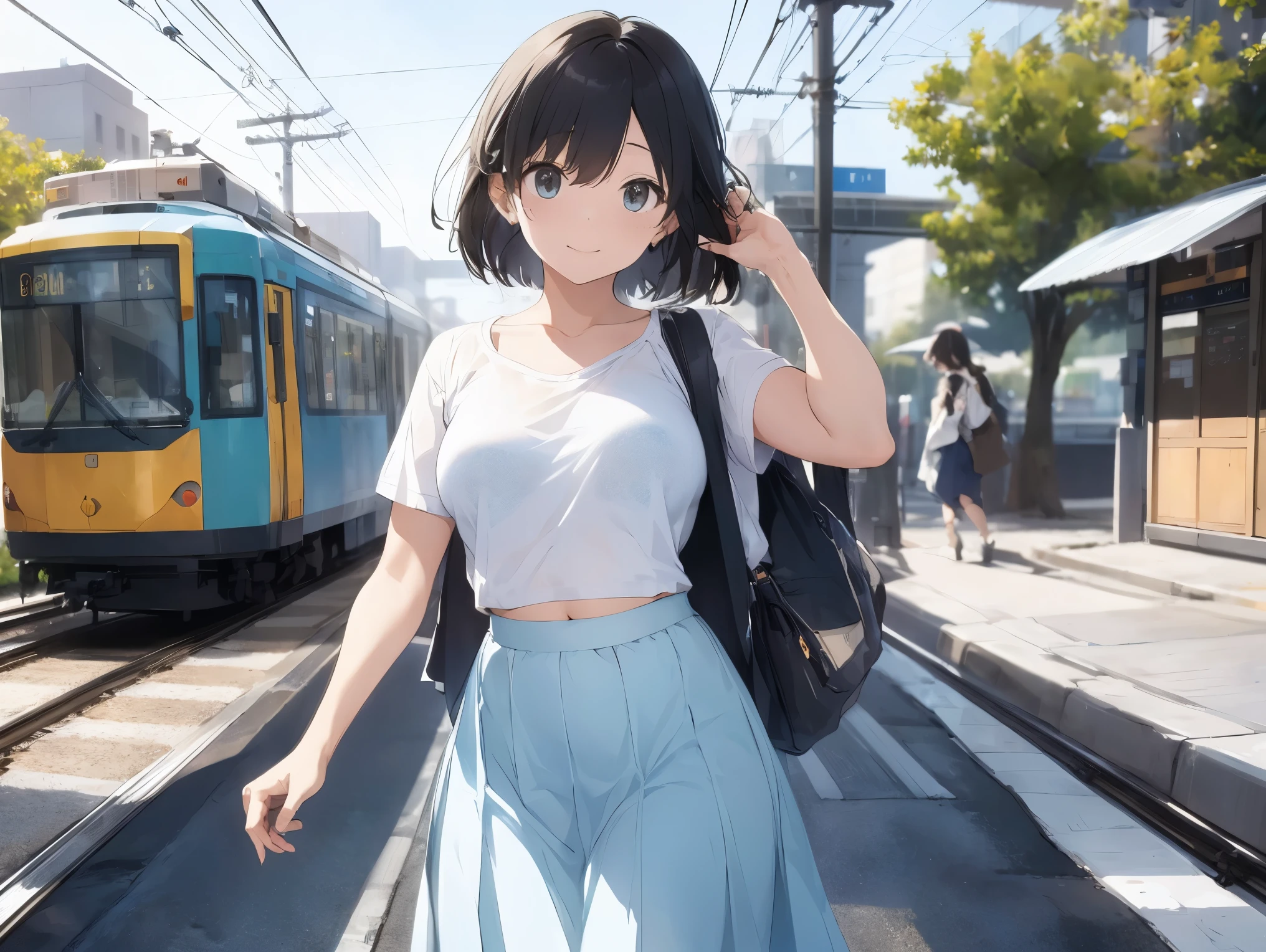 in long skirt、Tram stations、Shirt clinging to no-bra 、Cute white underwear showing off a lifted skirt、Light blue color