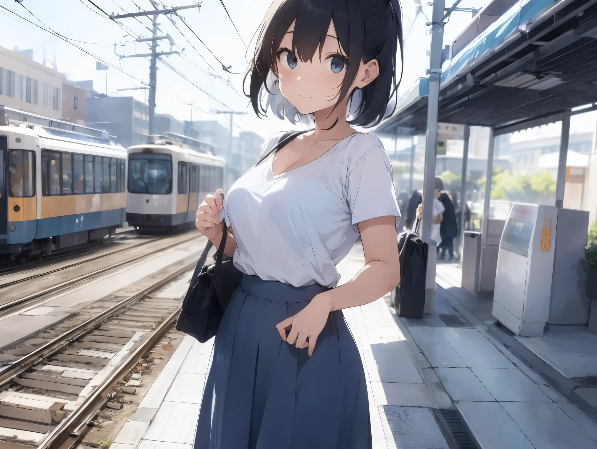  in long skirt、Tram stations、Shirt clinging to no-bra 、Cute white underwear showing off a lifted skirt、Light blue color