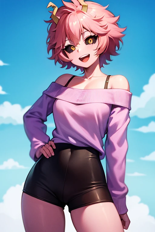 mina ashido, 1girl, solo, looking at viewer, smile, short hair, open mouth, simple background, long sleeves, white background, bare shoulders, collarbone, yellow eyes, pink hair, :d, heart, cowboy shot, horns, shorts, off shoulder, sweater, hand on hip, v, colored skin, black shorts, colored sclera, black sclera, off-shoulder sweater, pink skin, v over eye, purple sweater,vore anal,