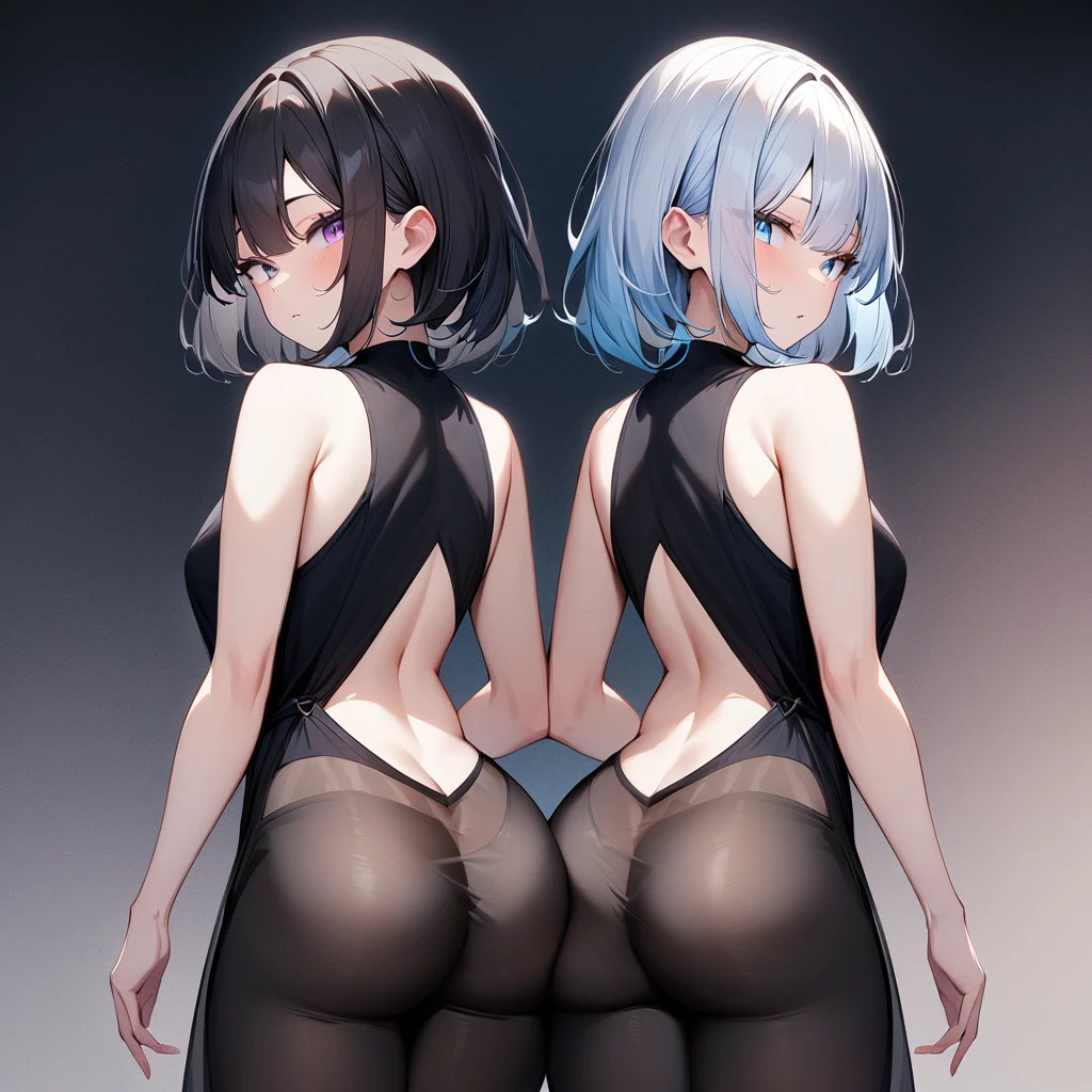 {{2girls}}, diagonal back to back,masterpiece,best quality,very aesthetic,absurdres,cowboy shot,light color,dark color,light hair,dark hair,White hair,light  blue hair,light  blue eyes,Lovely,translucent hair,dark purple eyes,headless,(black hair,one eyes),asymmetry,Wide open back,Wide open back,Bare shoulders, huge ass,see-through,butt_crack,bend,cutout,ass out, assisted_exposure 