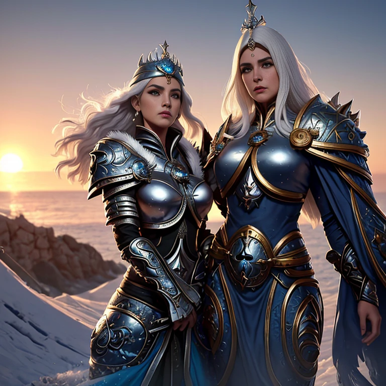 1 mulher elfa alta, de cabelo branco e bonita,, melhor qualidade, (beleza), 1 , Scenario-based rendering, cintura estreita, magro, olhos grandes, pernas longas, (seios pequenos), olhos inchados, de frente para um penhasco, fim de tarde, (sun sunset), de frente para o espectador, postura de luta, (segurando uma espada e escudo), a cold expression, armadura de dourada por todo o corpo