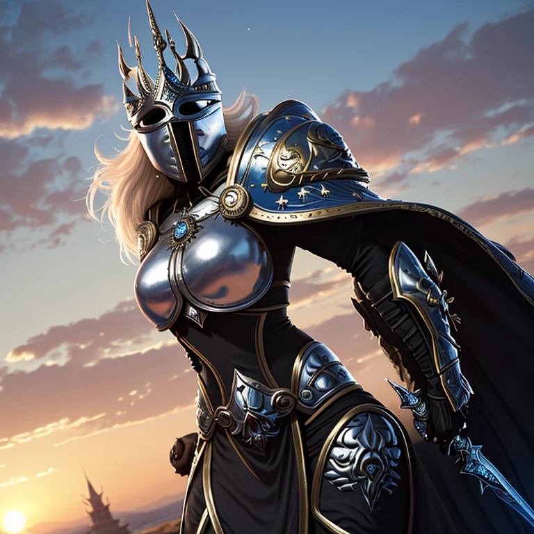 1 mulher elfa alta, de cabelo branco e bonita,, melhor qualidade, (beleza), 1 , Scenario-based rendering, cintura estreita, magro, olhos grandes, pernas longas, (seios pequenos), olhos inchados, de frente para um penhasco, fim de tarde, (sun sunset), de frente para o espectador, postura de luta, (segurando uma espada e escudo), a cold expression, armadura de dourada por todo o corpo