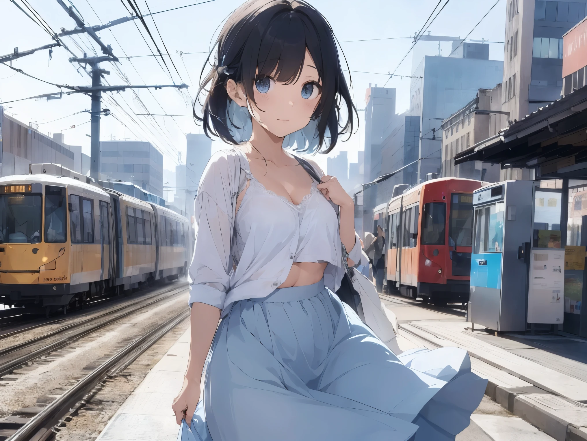  in long skirt、Tram stations、Shirt clinging to no-bra 、Cute white underwear showing off a lifted skirt、Light blue color、storm