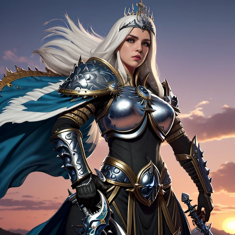 1 mulher elfa alta, de cabelo branco e bonita,, melhor qualidade, (beleza), 1 , Scenario-based rendering, cintura estreita, magro, olhos grandes, pernas longas, (seios pequenos), olhos inchados, de frente para um penhasco, fim de tarde, (sun sunset), de frente para o espectador, postura de luta, (segurando uma espada e escudo), a cold expression, armadura de dourada por todo o corpo