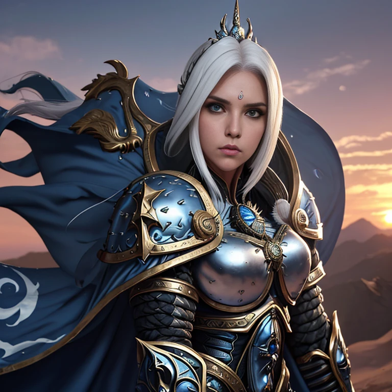 1 mulher elfa alta, de cabelo branco e bonita,, melhor qualidade, (beleza), 1 , Scenario-based rendering, cintura estreita, magro, olhos grandes, pernas longas, (seios pequenos), olhos inchados, de frente para um penhasco, fim de tarde, (sun sunset), de frente para o espectador, postura de luta, (segurando uma espada e escudo), a cold expression, armadura de dourada por todo o corpo