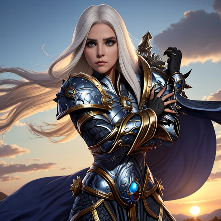 1 mulher elfa alta, de cabelo branco e bonita,, melhor qualidade, (beleza), 1 , Scenario-based rendering, cintura estreita, magro, olhos grandes, pernas longas, (seios pequenos), olhos inchados, de frente para um penhasco, fim de tarde, (sun sunset), de frente para o espectador, postura de luta, (segurando uma espada e escudo), a cold expression, armadura de dourada por todo o corpo