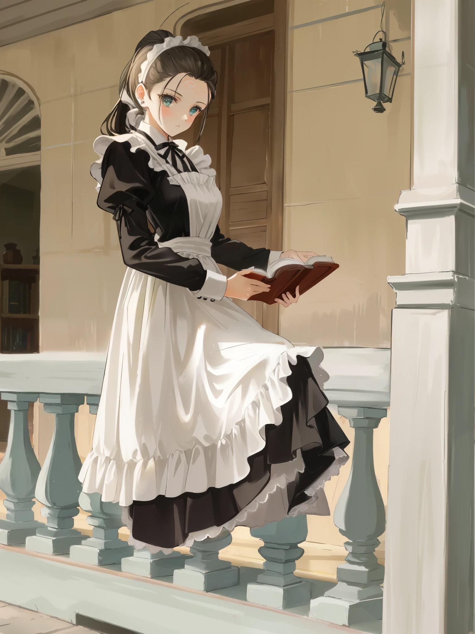 (ponytail forehead hair pulled back:1.3), woman in maid outfit reading a book on a porch, victorian style costume, maid dress, wearing 10s era clothes, wearing victorian clothes, victorian dress, long dress with apron, victorian inspired clothing, maid outfit, wearing 1 8 5 0 s era clothes, wearing 1850s era clothes, wearing maid uniform
