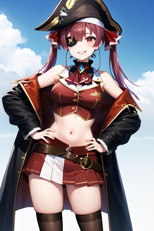 masterpiece, highest quality, High resolution, Ah Marine, Twin tails, pirate hat, Eye patch, Red Ascot, Exposing shoulders, Red Shirt, Off the shoulder, Black coat, See through, Covered navel, Leotards worn under clothing, belt, Pleated skirt, Red Skirt, Black knee socks, Hands on hips, smile, Are standing, Cowboy Shot, blue sky