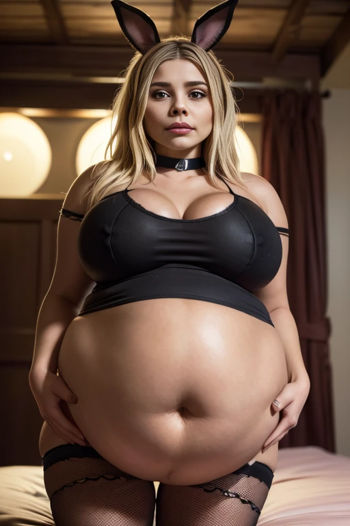 pregnant woman, ((Chloe Grace Moretz + Makima Chainsaw man)), Blonde-Black Hair)), (wearing choker collar, wearing fishnet stockings), (wearing Rabbit ears), masterpiece, intricate, High Detail, Sharp focus, dramatic, photorealistic facial portrait, ((very dark makeup)), ((bright lipstick)), smile, ((compensate)), ((Thickly made)), long hair, brown hair, sensual woman, ((naked body)), ((naked topp)), ((naked bottom), naked((Very chubby woman)), cleavage, pregnant woman, sexy, blushing, fat, obese, pregnant belly, big sagging breast, saggy breast, thick thighs, wide hips, big round ass, afternoon, fisheye lens, establishing shot, pastel color grading, front view, depth of field cinematography effect, film noir genre, 8k resolution, high quality, ultra detail , curvy body, plump body, huge big ass, thick body, curvy body type, voluptuous body type, busty body type, thick body type, big chest, big, Big belly femele Fat I'm rubbing my stomach Belch Overeating, sexy full body, bloated belly, big sagging breast, saggy breast, thick thighs, wide hips, big round ass , curvy body, plump body, huge big ass, thick body, curvy body type, voluptuous body type, busty body type, thick body type, big chest, big Huge pregnant belly 9 months,