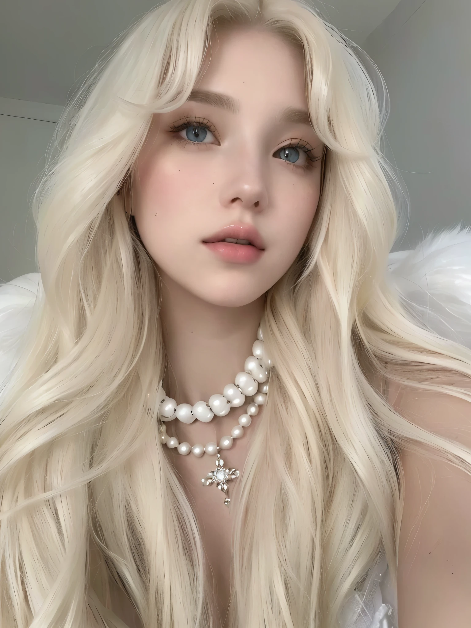 un primer plano de una mujer con cabello largo y rubio que llevaba un collar de perlas, pale porcelain white skin, chica perfecta de pelo blanco, very very pale blonde hair, extremely pale blonde hair, con el pelo largo y blanco, pale skin curly blonde hair, su cabello es blanco, pelo largo y blanco y flequillo, chica con pelo blanco, con pelo largo y blanco, ava max, pale ivory skin