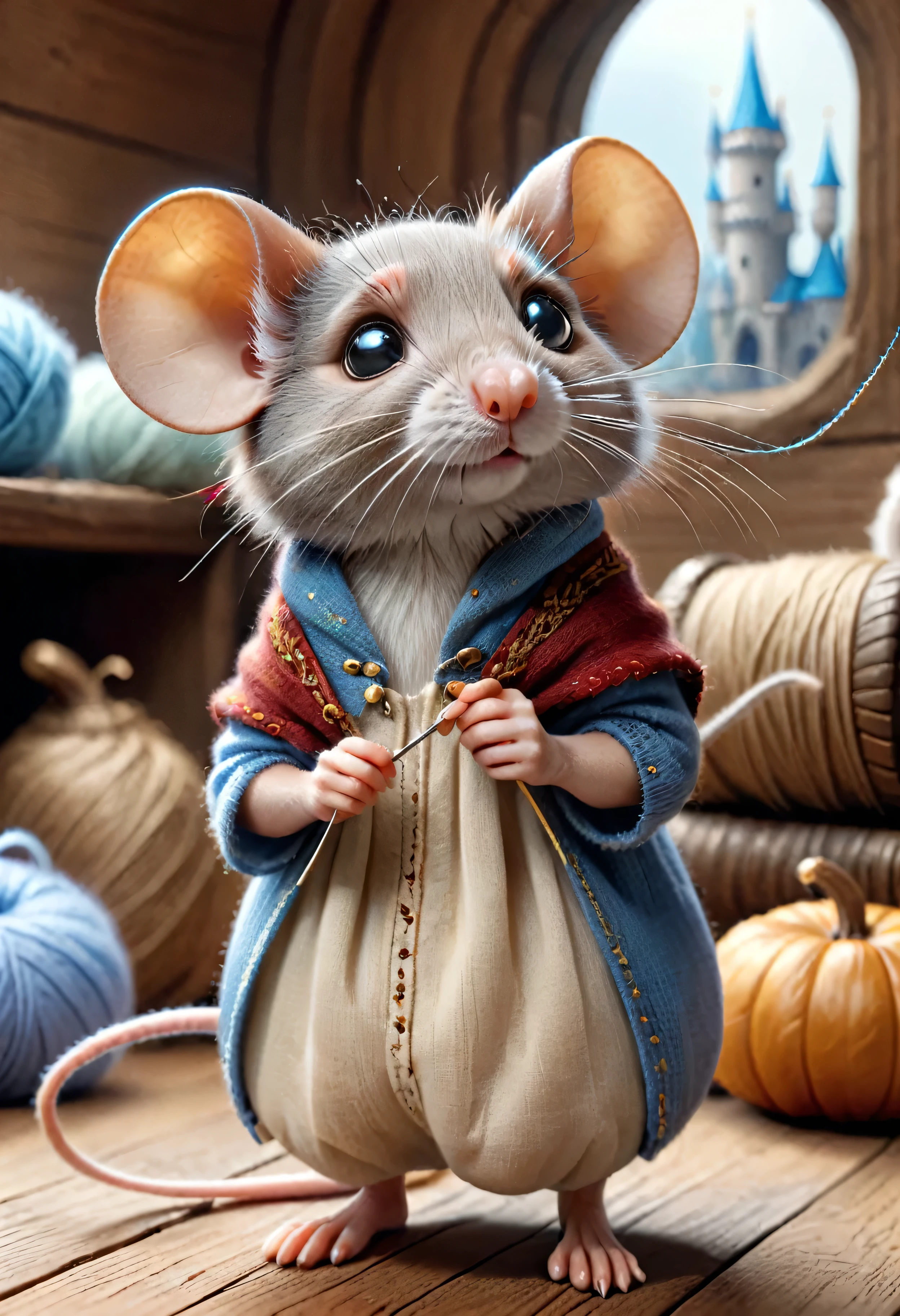 (masterpiece: 2), (realistic illustration: 2), (illustration of great quality and details: 2), (characters in focus: 2), (three small male mice dressed in old clothes), (three cute mice with clothes of peasants from the 13th century), (the mice wear different costumes with different colors from each other), (the three mice have different colors in their fur), (one mouse is brown and another mouse is gray with white patches), (2 mice are holding a giant skein of yarn), (a mouse is carrying a huge sewing needle), (illustration based on the story of Cinderella:2), (((attic background with wooden floor)))
