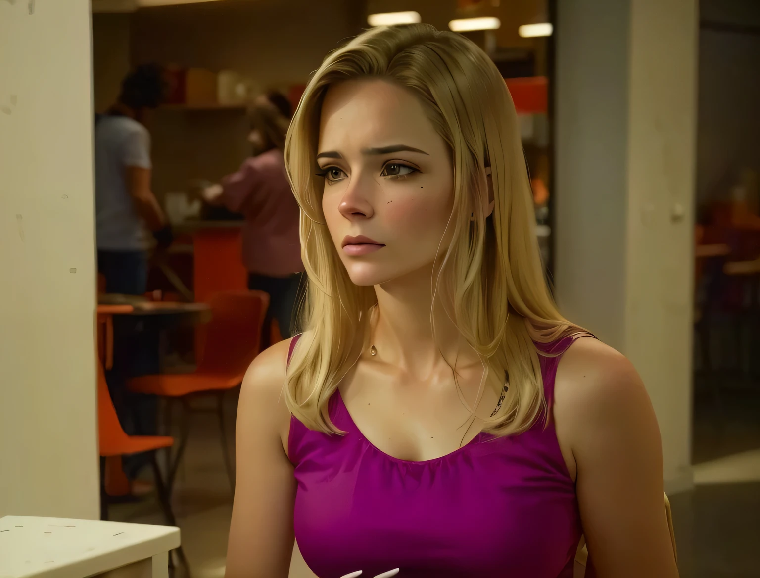 perky woman in pink blouse holding a piece of paper, cena complexa, promotion still, captura de tela de alta qualidade, sil of the species, imagem de alta qualidade, olhar tenso, Caroline Gariba, looking serious, programa de TV ainda, cena maravilhosa, malika favre, She is sad, cena intensa, medium close-up, Imagem retrato, filme realista ainda, Jodie Bateman