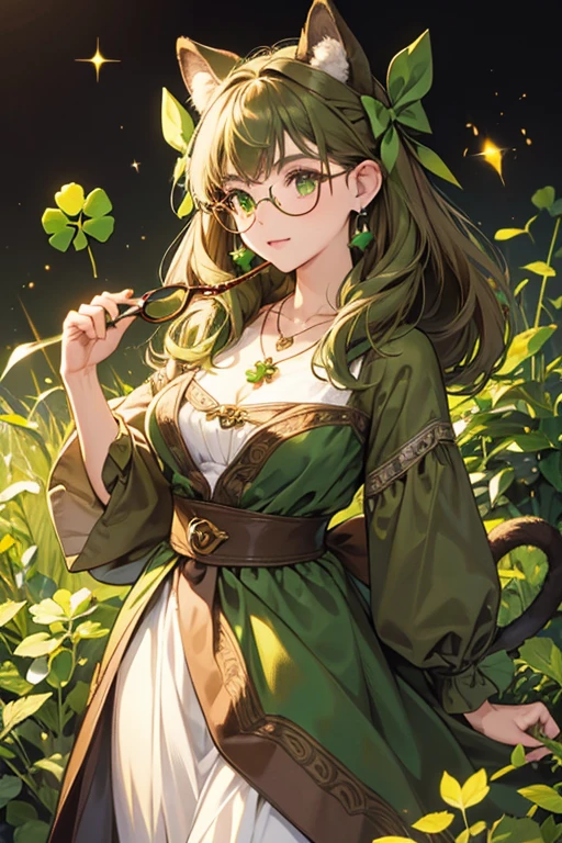 She has green fur, brown tips on her ears, brown paws, a brown tail, black oval eyes, and a brown oval nose. She wears a necklace with a dark green clover pendant, a green bow around her tail, a green bow on top of her head, and eyeglasses. SPARKLE; GLITTER