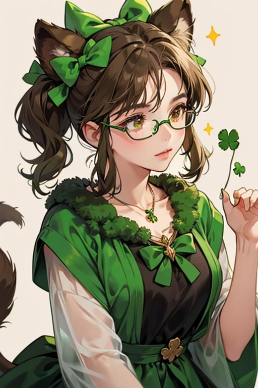 She has green fur, brown tips on her ears, brown paws, a brown tail, black oval eyes, and a brown oval nose. She wears a necklace with a dark green clover pendant, a green bow around her tail, a green bow on top of her head, and eyeglasses. SPARKLE; GLITTER