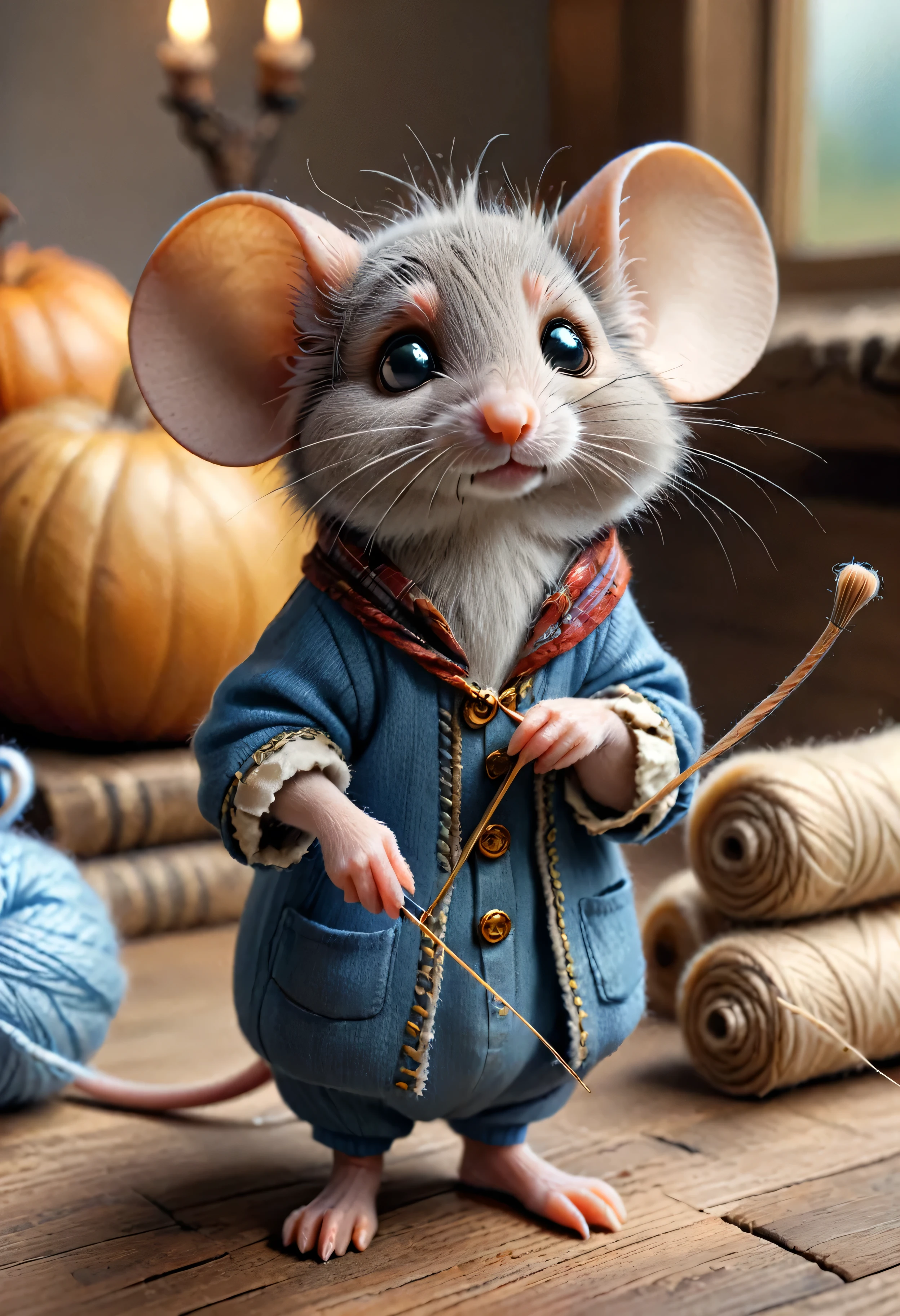 (masterpiece: 2), (realistic illustration: 2), (illustration of great quality and details: 2), (characters in focus: 2), (three small male mice dressed in old clothes), (three cute mice with clothes of peasants from the 13th century), (the mice wear different costumes with different colors from each other), (the three mice have different colors in their fur), (one mouse is brown and another mouse is gray with white patches), (2 mice are holding a giant skein of yarn), (a mouse is carrying a huge sewing needle), (illustration based on the story of Cinderella:2), (((attic background with wooden floor)))