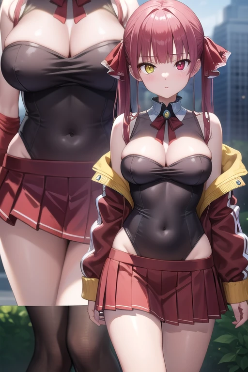 Marine Hosho, Marine Treasure Bell, Redhead, Twin tails, Heterochromia iridis, (Red eyes:1.5), (Yellow Eyes:1.5), hair ribbon,
break bare shoulders, brown leotard, brown Knee socks, Covered navel, grey shirt, Jacket, leotard, leotard under clothes, pleated skirt, red Jacket, red ribbon, red skirt, ribbon, shirt, skirt, No sleeve, No sleeve Jacket, No sleeve shirt, Knee socks, closed Jacket,
break looking at viewer,
break outdoors, city,
break (masterpiece:1.2), highest quality, High resolution, unity 8k wallpaper, (figure:0.8), (Beautiful fine details:1.6), Highly detailed face, Perfect lighting, Highly detailed CG, (Perfect hands, Perfect Anatomy),