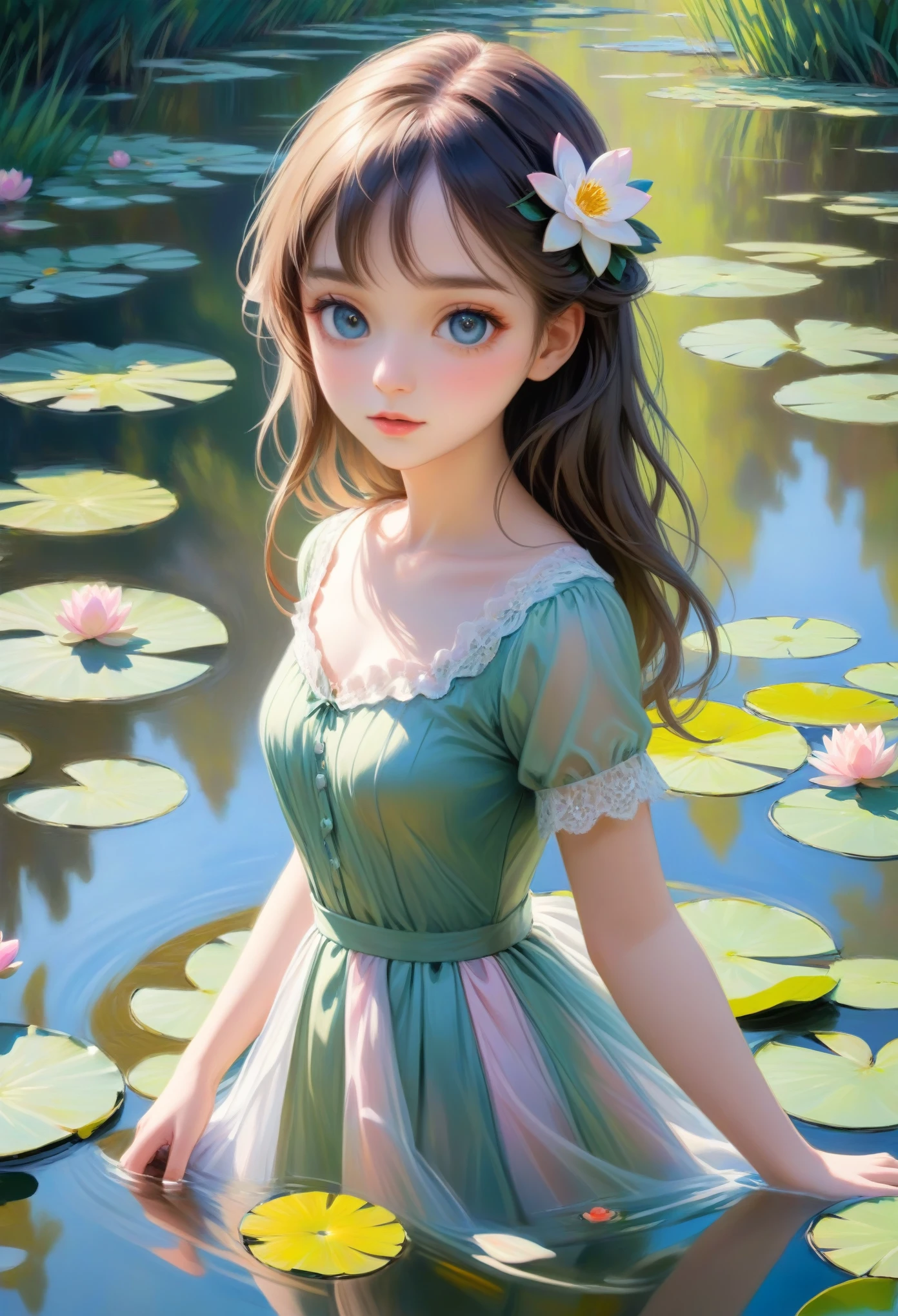 (best quality,4k,8k,highres,masterpiece:1.2),ultra-detailed,(realistic,photorealistic,photo-realistic:1.37),beautiful detailed eyes,beautiful detailed lips,extremely detailed eyes and face,longeyelashes,dreamy atmosphere,impressionistic style,soft sunlight, vibrant colors,blurred background,authentic brushstrokes,Claude Monet,inspired pose,flowing dress,graceful posture,subtle expression,natural surroundings,flower garden,water lilies,reflection on water,calm and serene,morning light,fresh air,lush greenery,peaceful ambiance,stunning impressionist masterpiece,bright and pastel tones,harmonious composition,artistically captured beauty,classic and timeless,ethereal and enchanting,painting come to life.