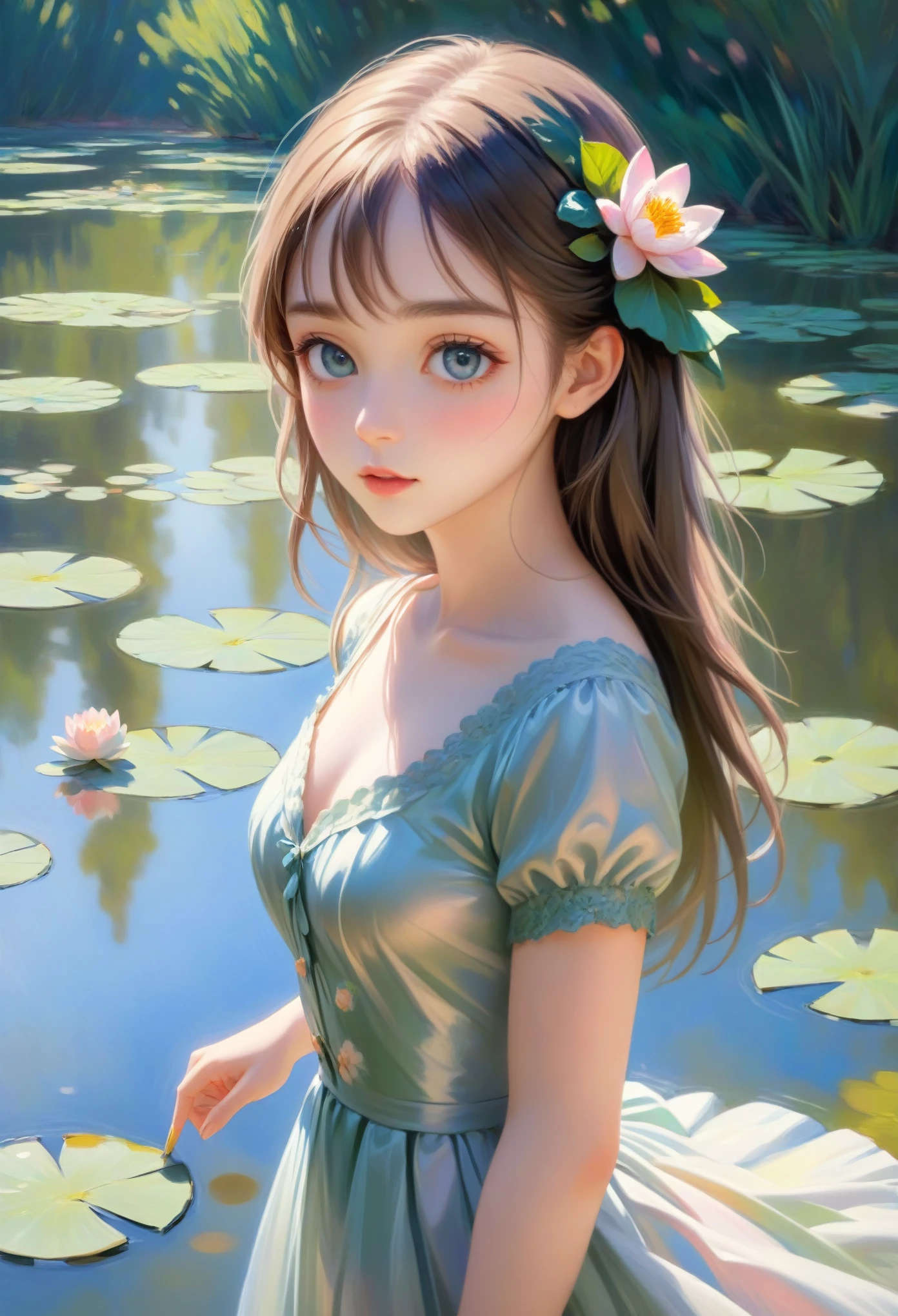 (best quality,4k,8k,highres,masterpiece:1.2),ultra-detailed,(realistic,photorealistic,photo-realistic:1.37),beautiful detailed eyes,beautiful detailed lips,extremely detailed eyes and face,longeyelashes,dreamy atmosphere,impressionistic style,soft sunlight, vibrant colors,blurred background,authentic brushstrokes,Claude Monet,inspired pose,flowing dress,graceful posture,subtle expression,natural surroundings,flower garden,water lilies,reflection on water,calm and serene,morning light,fresh air,lush greenery,peaceful ambiance,stunning impressionist masterpiece,bright and pastel tones,harmonious composition,artistically captured beauty,classic and timeless,ethereal and enchanting,painting come to life.