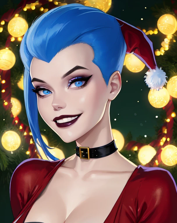 Livewire,blue punk hair,blue eyes smiling, white skin, leotard,black thighhighs (insanely detailed, beautiful detailed face,beautiful detailed eyes, masterpiece, best quality), christmas decorations, Christmas tree、Christmas cake、masterpiece、top-quality、detaileds、high resolution illustration),Delicate Makeup, (a closeup:1.2)、POV、 ((santa costume:1.2)), best quality, (masterpiece),(ultra-detailed), (high quality), (high resolution), 1girl, choker, gloves, elbow gloves, makeup, cute smile, Christmas gifts, outdoors, lights