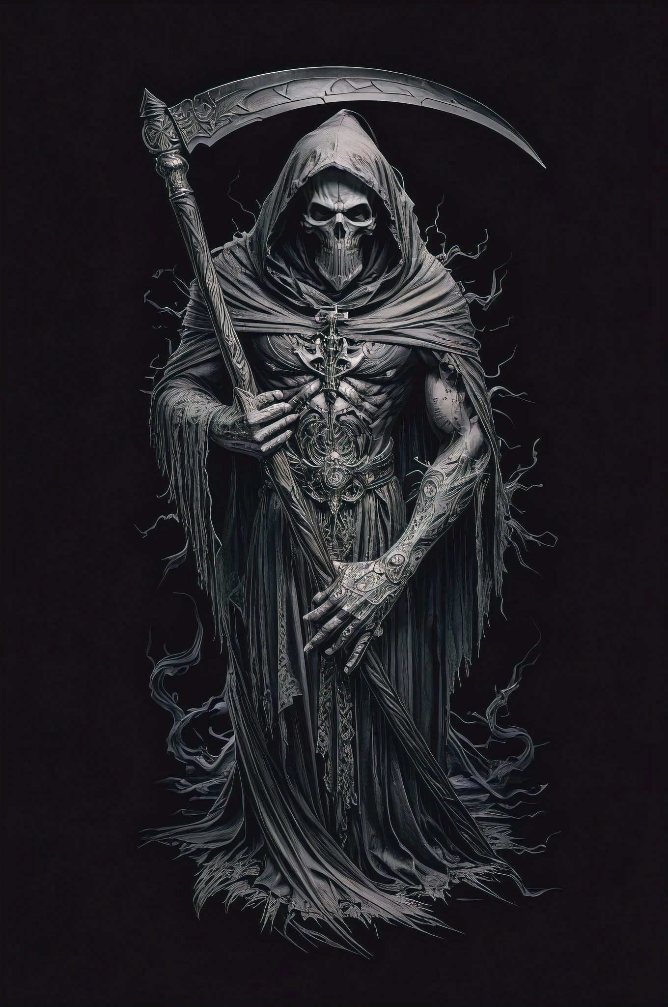 A striking and intricate black and grey realism tattoo design of a grim reaper. The reaper is depicted with a hooded skull, a tattered robe, and a scythe that casts a dark shadow. The design is highly detailed, with every muscle and fold in the robe rendered with precision. The high contrast between the black and grey tones adds depth and dimension to the tattoo, while the high resolution captures every intricate detail. The overall effect is eerie and menacing, evoking a sense of evil and foreboding.