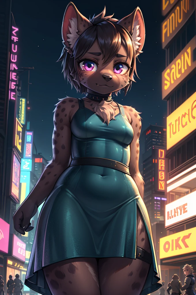 cyberpunk2070 style , front view , focus face , 1 hairy hyena girl , Short stature , realistic hairy fur , Round face, swollen cheeks, moist round eyes , relax girly summer dress , in the night city ,