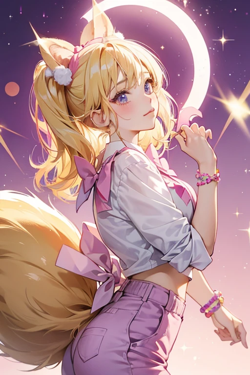 She is a pink girl squirrel with colorful bows and hair clips in her tail and bow-shaped blonde hair. She wears a white shirt with puffy purple pants and is always seen carrying a heart shaped,  SPARKLE; GLITTER
